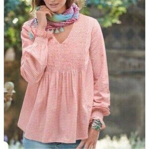 Sundance The Julia Striped Smocked Boho V-Neck Long Sleeve Top Size Small